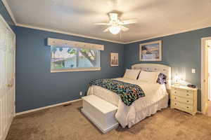 Bedroom featuring crown molding, carpet, ceiling fan, a closet, and a textured ceiling