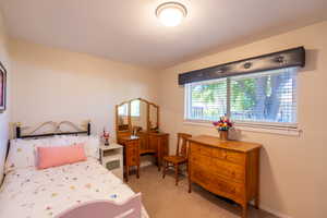 Bedroom with light carpet and baseboards