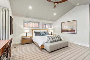 Bedroom featuring light colored carpet, ceiling fan, vaulted ceiling, and recessed lighting