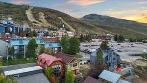 Aerial view of residential area with mountains