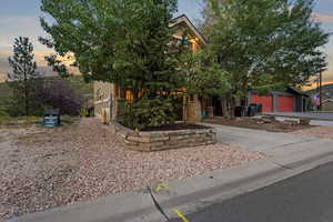 View of property hidden behind natural elements with concrete driveway and a garage