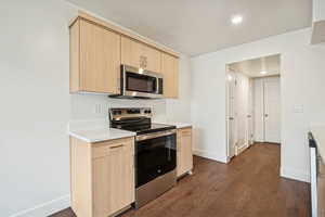 Kitchen with stainless steel appliances, light brown cabinetry, dark wood finished floors, recessed lighting, and modern cabinets