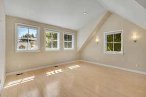 Pool house Spare room featuring healthy amount of natural light, light wood-style flooring, and vaulted ceiling