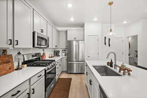 Kitchen featuring appliances with stainless steel finishes, decorative light fixtures, backsplash, light wood-type flooring, and gray cabinets