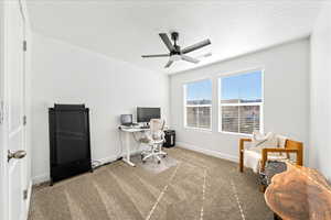 Home office with carpet and a ceiling fan