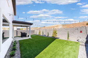 Fenced backyard featuring a patio area and a ceiling fan