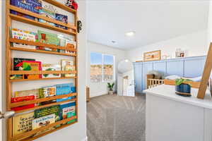 Recreation room with carpet floors and baseboards