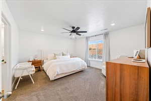Bedroom featuring carpet floors, recessed lighting, and ceiling fan