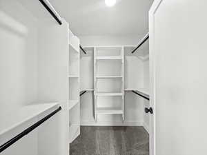 Walk in closet with dark colored carpet