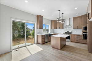 Kitchen with backsplash, a kitchen island, pendant lighting, light wood finished floors, and appliances with stainless steel finishes