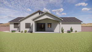 Back of house featuring roof with shingles and stucco siding