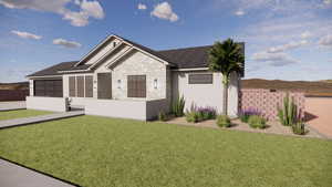 Single story home featuring stone siding, stucco siding, and a shingled roof