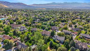 Aerial perspective of suburban area with mountains