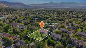 Aerial view of residential area featuring mountains and property boundaries highlighted