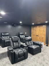 Home theater with light colored carpet