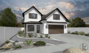 Modern farmhouse with concrete driveway, an attached garage, and board and batten siding