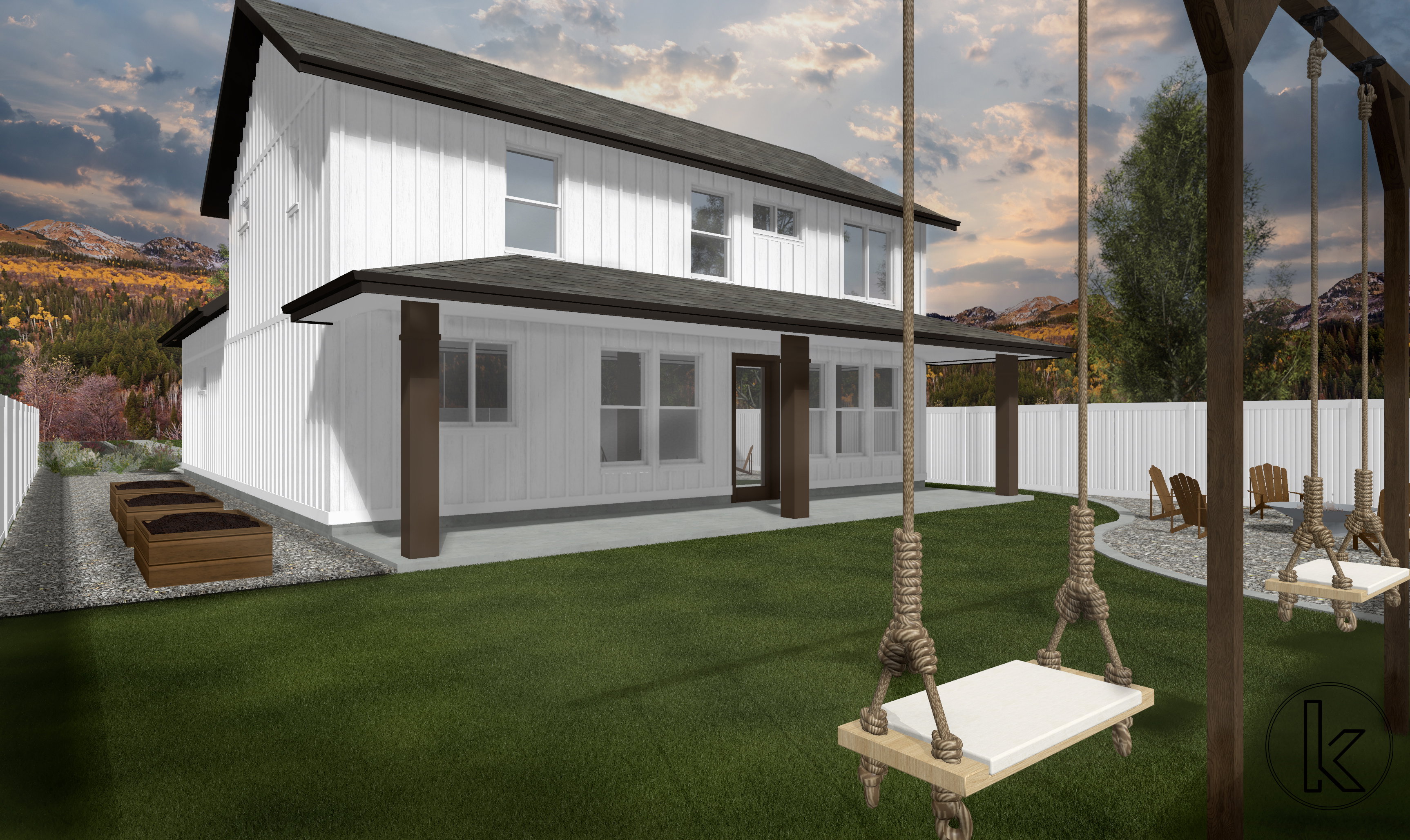 Back of property at dusk with a shingled roof and a patio