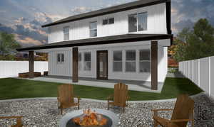 Rear view of house featuring a fire pit, a porch, board and batten siding, and a shingled roof