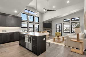 Kitchen featuring modern cabinets, open floor plan, a kitchen island with sink, light wood-style floors, and high vaulted ceiling