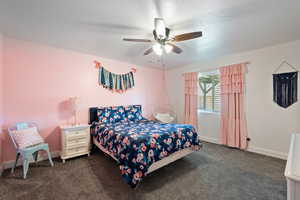 Bedroom featuring dark colored carpet, a ceiling fan, and a textured ceiling