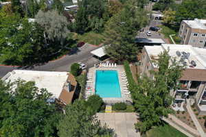 Drone / aerial view of a pool area