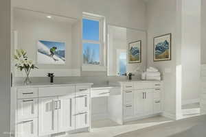 Full bathroom featuring double vanity and light tile patterned floors