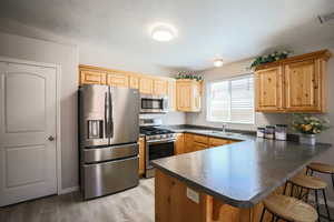 Kitchen featuring stainless steel appliances, light wood-style flooring, a peninsula, a breakfast bar area, and dark countertops