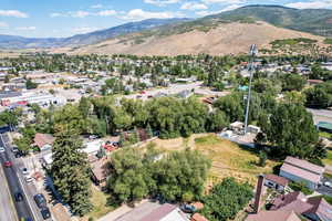 Aerial perspective of suburban area featuring mountains