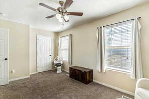 Unfurnished room with carpet floors, a textured ceiling, and a ceiling fan