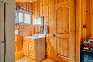Bathroom featuring vanity and wooden walls