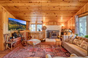 Living area featuring wood walls, a wood stove, wooden ceiling, and wood finished floors
