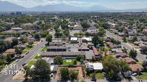 Aerial view of residential area with a mountainous background