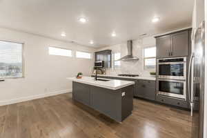Kitchen featuring backsplash, gray cabinets, stainless steel appliances, an island with sink, and light wood-style floors