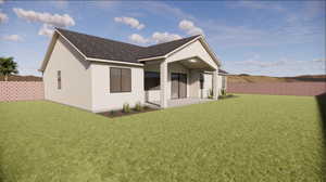 Rear view of property featuring a patio area, stucco siding, and a shingled roof