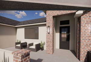 Entrance to property with brick siding, a patio area, stucco siding, and a shingled roof