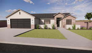 Ranch-style house featuring brick siding, concrete driveway, stucco siding, an attached garage, and a shingled roof