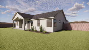 Back of house featuring stucco siding, roof with shingles, and a patio area