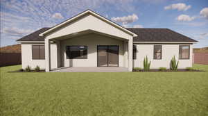 Back of house featuring roof with shingles, a patio, and stucco siding