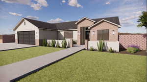 Ranch-style home with brick siding, stucco siding, driveway, an attached garage, and roof with shingles