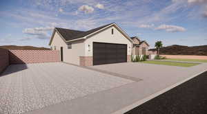 Ranch-style home featuring brick siding, stucco siding, driveway, a garage, and roof with shingles