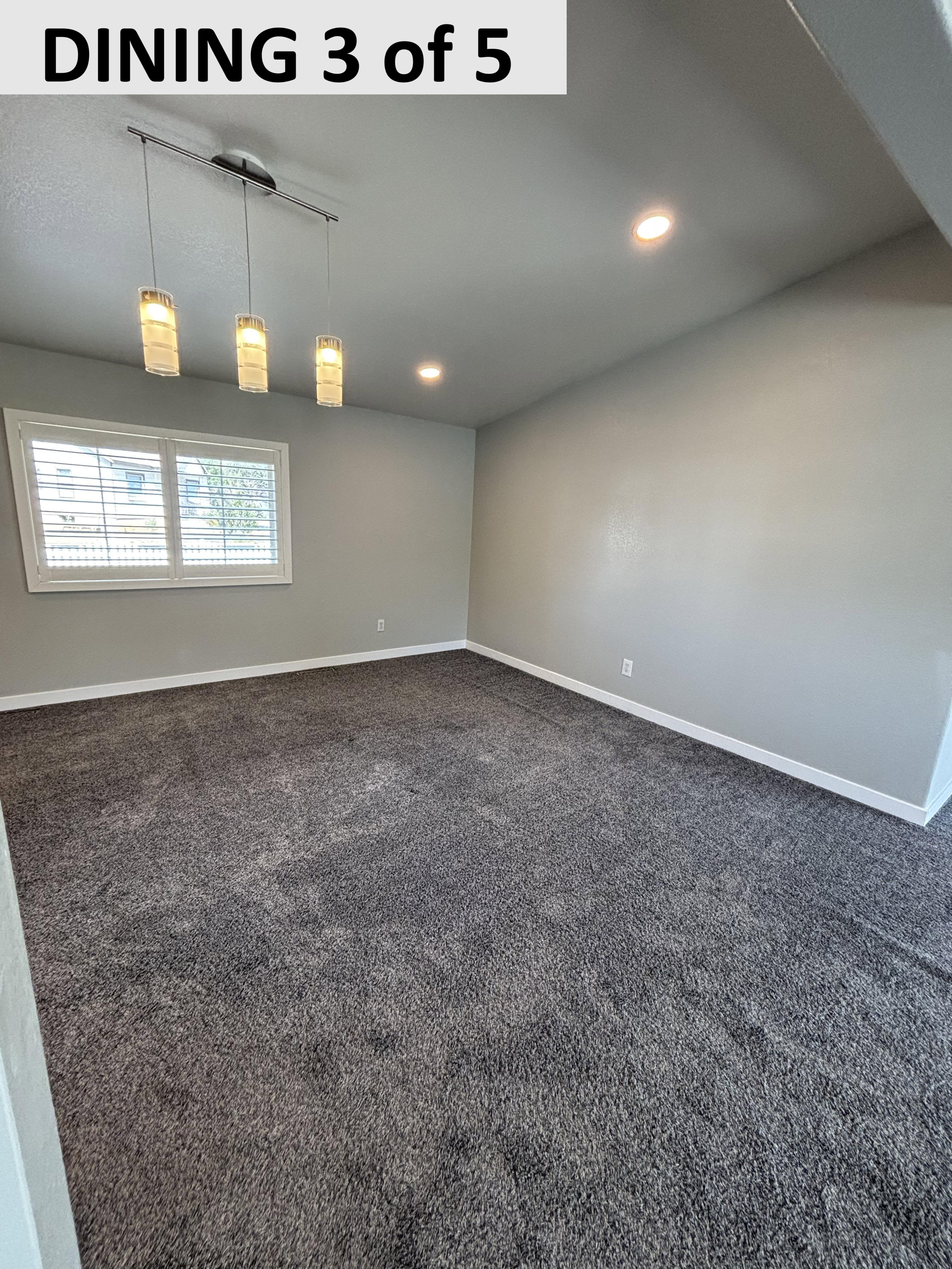 Dining with dark carpet, recessed & track lighting