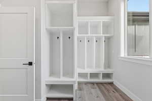 Mudroom/Laundry Room combined with light wood-style flooring and healthy amount of natural light