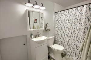 Bathroom with vanity and curtained shower