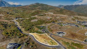 Aerial overview of property's location featuring a mountain backdrop