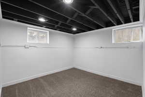 Below grade area with dark colored carpet and baseboards