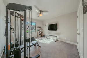 Exercise room featuring a ceiling fan and carpet flooring