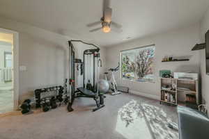 Workout room with carpet and ceiling fan