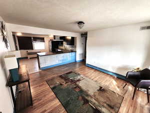 Living area featuring a baseboard heating unit, a textured ceiling, and dark wood-style flooring