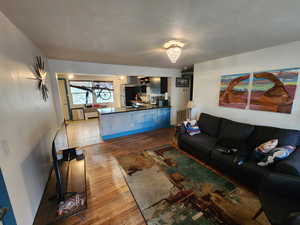 Living room featuring light wood-type flooring and a textured ceiling