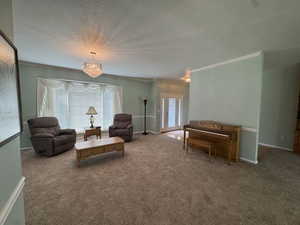 Living area featuring crown molding, carpet floors, a textured ceiling, healthy amount of natural light, and a chandelier
